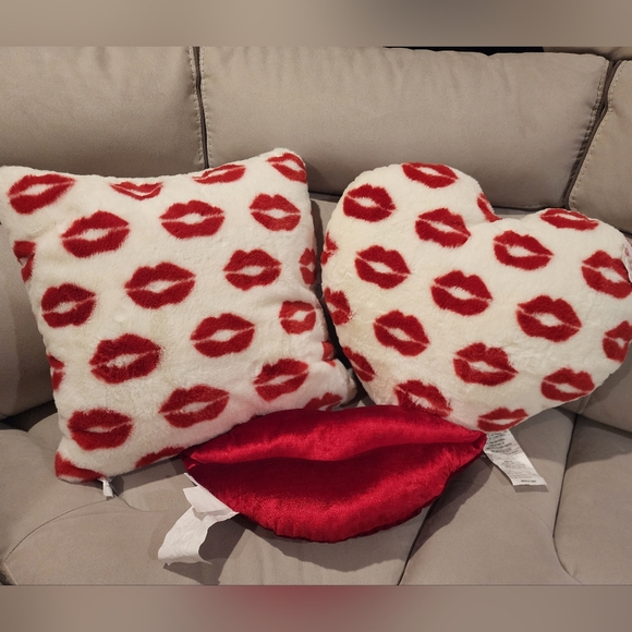Cupcakes and Cashmere Valentine Plush Pillow Kiss Lips Heart Shaped set of 3